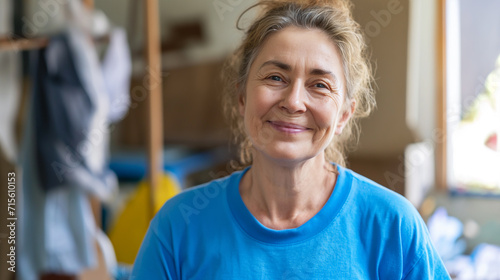 Mulher de meia idade com camiseta azul e sorriso  photo
