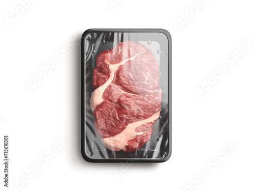 Blank transparent plastic tray with beef mockup, top view