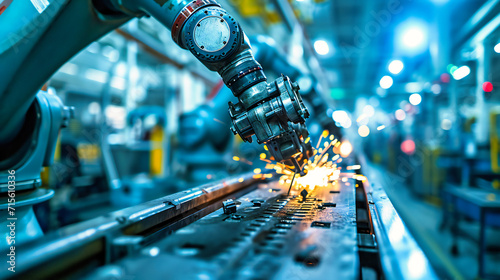 Precision Metalwork Technology: Close-up of industrial machinery and robotic arms working on metal production, illustrating advanced technology in manufacturing