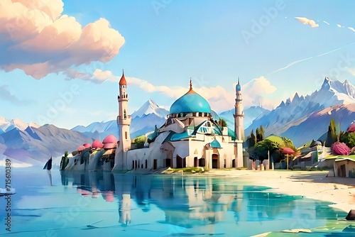Islamic mosque beautiful watercolor illustration Generative Ai photo