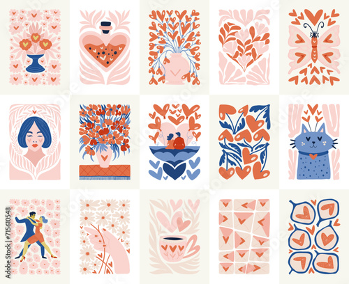 Modern Romantic, Valentine's day vertical flyer or poster template. Love hand drawn trendy illustration.
