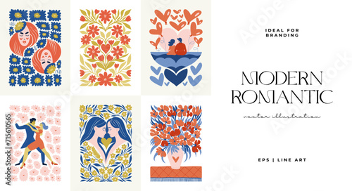 Modern Romantic, Valentine's day vertical flyer or poster template. Love hand drawn trendy illustration.