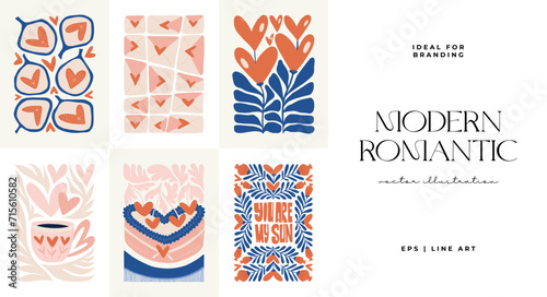 Modern Romantic, Valentine's day vertical flyer or poster template. Love hand drawn trendy illustration.