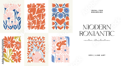 Modern Romantic, Valentine's day vertical flyer or poster template. Love hand drawn trendy illustration.