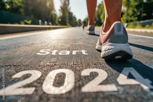 An athlete at the starting line of a middle or long distance race, with the text "Start 2024". Summer Olympic sports