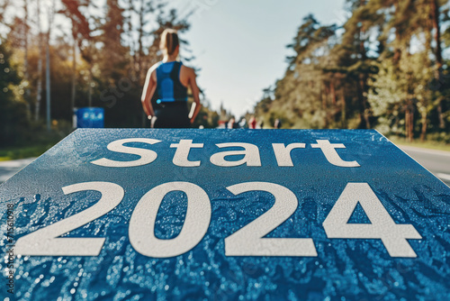 An athlete at the starting line of a middle or long distance race, with the text 