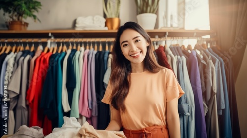 Beautiful Asian vlogger presenting cloths and dresses in online shopping business