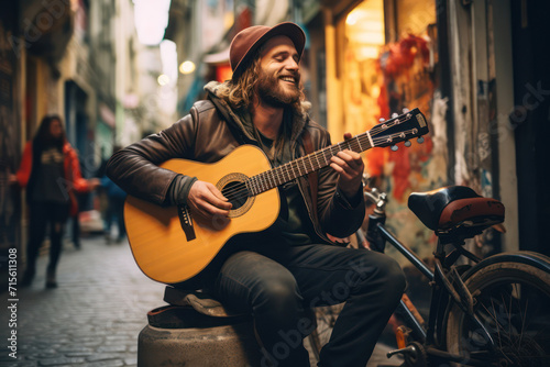 Acoustic Rhythms: A Young Male Musician Playing Guitar and Expressing Musical Freedom in an Urban Street Setting