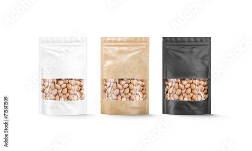 Blank black, white, craft zipper pouch with nuts mockup, isolated