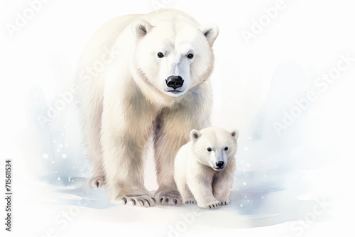 Polar bear with a bear cub, watercolor illustration on a white background. International Polar Bear Day Card