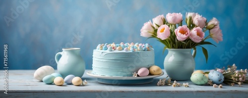 Easter cake banner. An empty table, natural bokeh. Blue pastel background and pink white flowers, colorful eggs. Spring holiday. A place for the text. A postcard with a dessert.