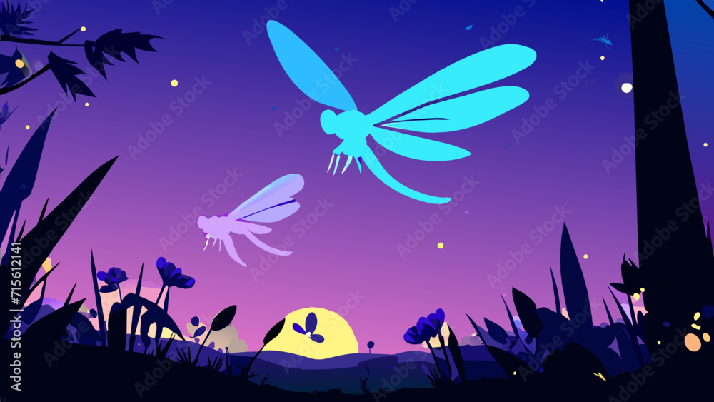 Glowing dragonflies in a dreamy meadow. vektor illustation