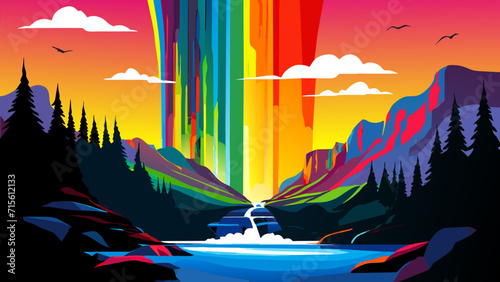 Rainbow over a waterfall. vektor illustation