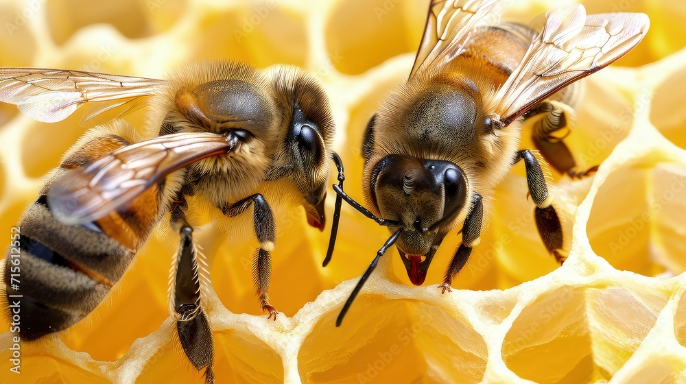 Naklejka premium A close-up of a bee emerging from a honey cell, a symbol of new beginnings. Bees tirelessly constructing honeycombs, their hexagonal cells a masterpiece of nature's engineering.