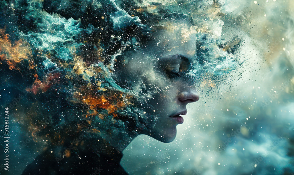 Surreal portrait of a woman disintegrating into particles, symbolizing mental health, emotions, human psyche, or the concept of being lost in thoughts - obrazy, fototapety, plakaty 