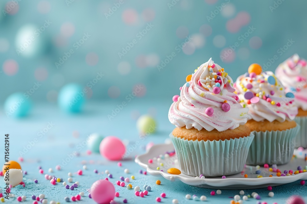 Joyful and whimsical cupcakes with frosting and playful candy toppings on a dreamy background
