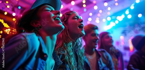 Energetic colors explode as teens unleash musical talents at a vibrant karaoke party, HD camera capturing the magic.