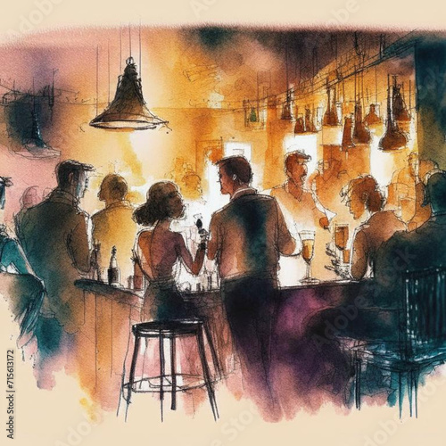 People meeting in cafe, drinking beer in pub, sitting at table or counter and talking.