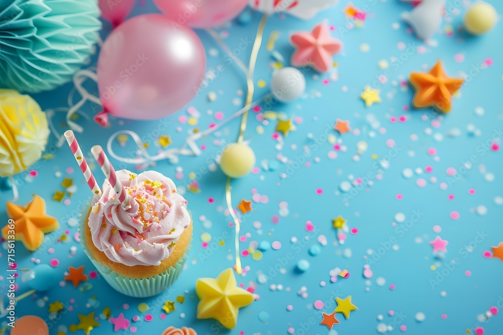 Joyful and whimsical cupcakes with frosting and playful candy toppings on a dreamy background