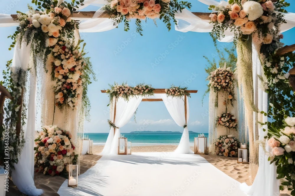 A beachfront fairytale: wooden arch, blooming flowers, and a white ceremony path