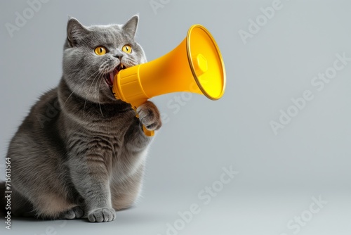 A Creative And Playful Grey Cat Uses A Yellow Loudspeaker As A Megaphone. Сoncept Creative Pets, Playful Props, Cat Photography, Unique Portraits, Whimsical Moments