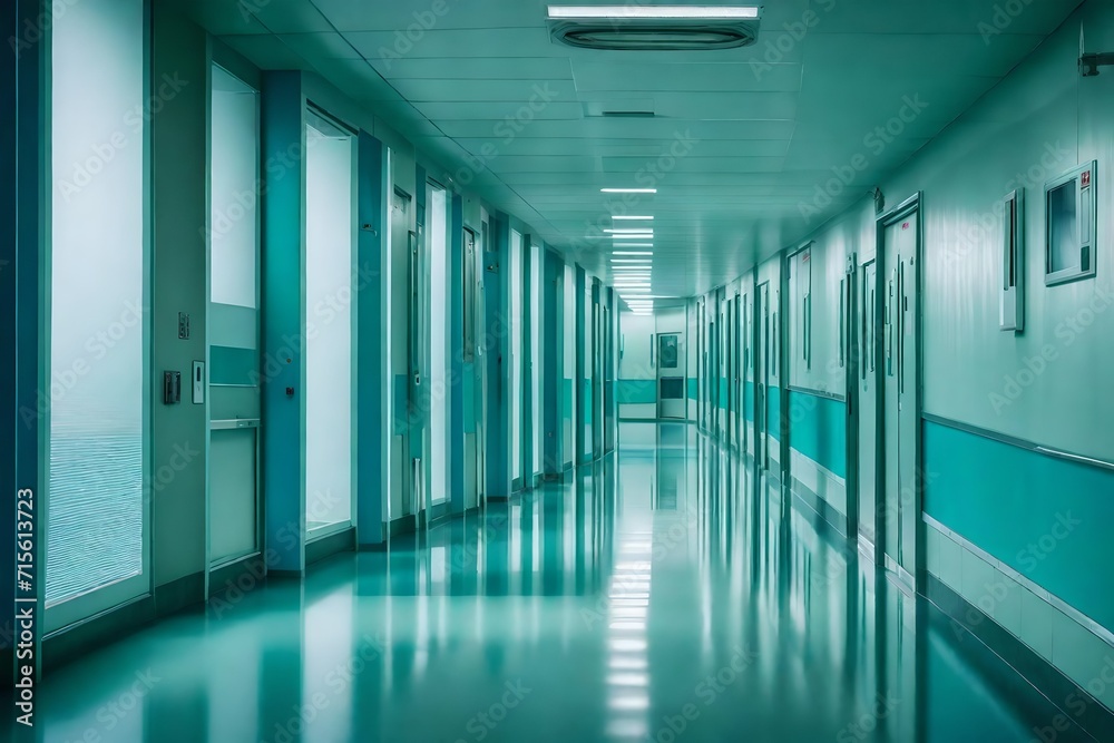 Paint a picture of the emptiness within the modern hospital corridor, showcasing the interplay of light and shadow on the polished surfaces