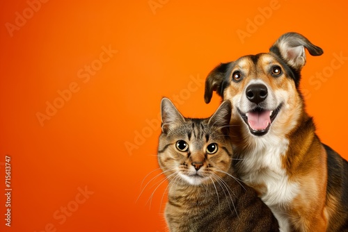 A Friendly Dog And Cat Pose Together Against A Vibrant Orange Backdrop. Сoncept Pet Portraits, Dog And Cat Friendship, Vivid Color Backdrop