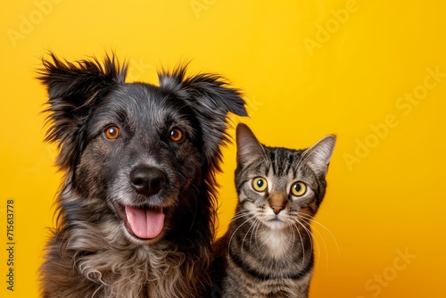 An Adorable Dog And Cat Strike A Pose Against A Lively Orange Background. Сoncept Pets Modeling, Cute Animal Photos, Vibrant Background, Pet Portraits, Playful Poses