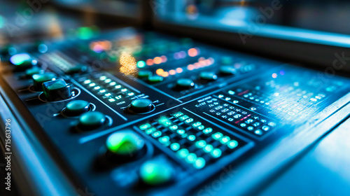 Professional Audio Mixer: Close-up of a professional audio mixer and equipment in a studio, ready for a high-quality sound production