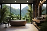 Luxury bathroom in tropical style with panoramic windows, beautiful nature view, lots of green plants.