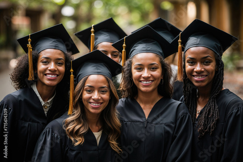 Generative AI illustration of group of four joyful African American female graduates in academic regalia, celebrating their achievement outdoors photo