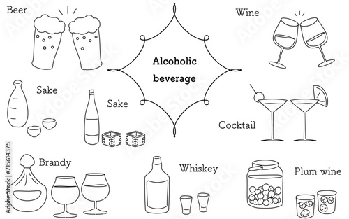 Sake to Western sake, cocktails, beer sets, simple line drawing illustrations