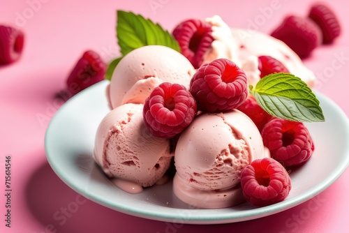 Raspberry pink ice cream sorbet with fresh raspberries closeup. Generative AI