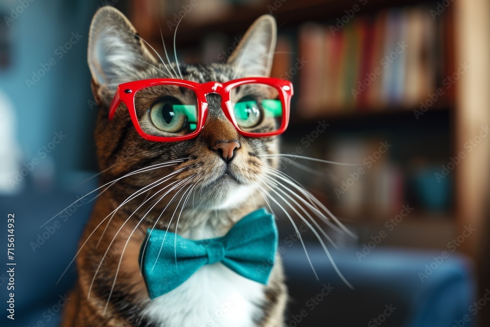 Adorable Feline Donning Stylish Red Glasses And A Charming Green Bowtie. Сoncept Fashionable Pet Accessories, Cute Cat Fashion, Stylish Feline Accessories, Adorable Pet Photos, Whimsical Pet Portraits