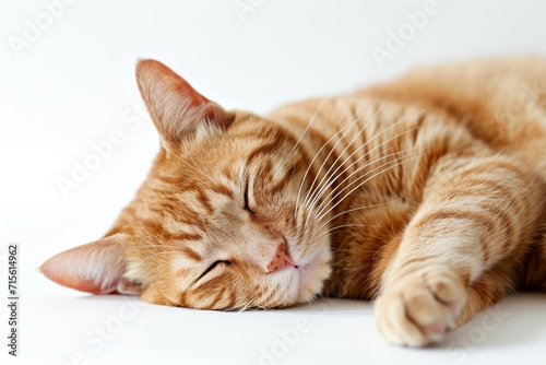 Adorable Ginger Cat Relaxing On A Pure White Background. Сoncept Cozy Winter Fashion, Stunning Sunset Landscapes, Festive Holiday Decor, Urban Street Art, Delicious Food Photography