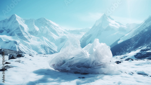Plastic bag pollution contrasting snowy mountain landscape Generative AI image