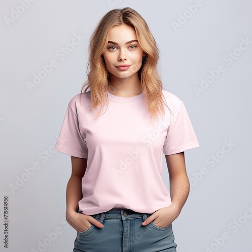 Model Wearing Pink Blank tshirt Mockup Concept