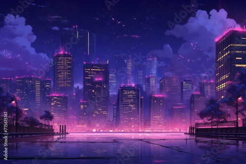 Aesthetic Night Scene Featuring Purple Shares  Manga  Anime  And City Skyline.   oncept Nighttime Cityscape  Anime-Inspired Photos  Purple Hues  Manga-Style Portraits  Urban Aesthetics