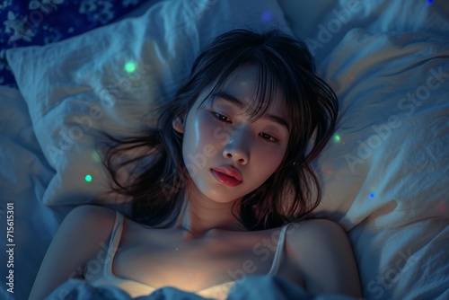 An Asian Woman Lying In Bed, Absorbed By Her Smartphone At Night Standard. Сoncept Nighttime Entertainment, Technology Addiction, Digital Detox, Sleep Hygiene, Screen Time Limits