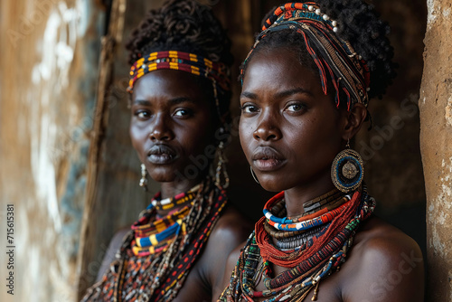 Generative AI illustration of two African women adorned with traditional jewelry and headdresses stand with a dignified presence