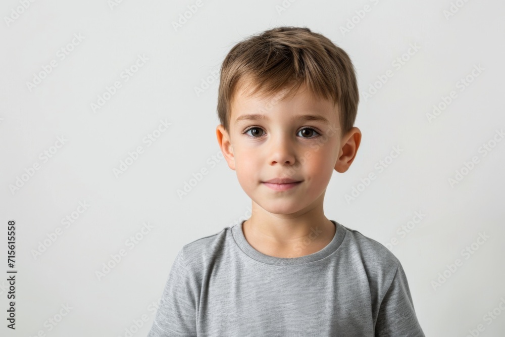 Little Boy In Grey Tshirt On White Background, Mockup Little Boy In Grey Tshirt On White Background, Mockup