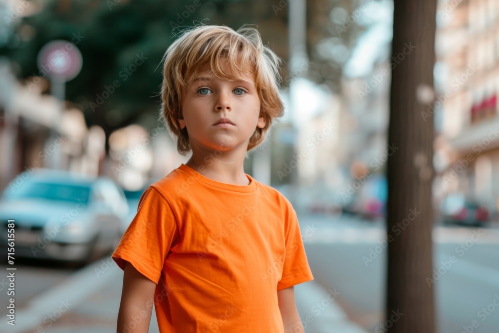 Little Boy In Orange Tshirt On The Street, Mockup Little Boy In Orange Tshirt On The Street, Mockup