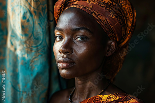 Generative AI illustration of serene African woman in a richly patterned headscarf looks thoughtfully past the camera, with a textured backdrop