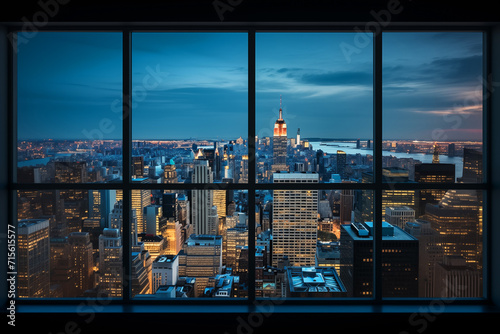 Bay window, interioe of an apartment with a view on New York skyline and the Empire State building at night, high-rise real estate property