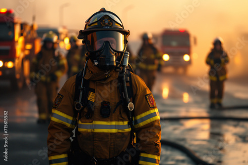 Generative AI illustration of firefighter in full protective breathing apparatus stands at the forefront with colleagues and a fire engine photo