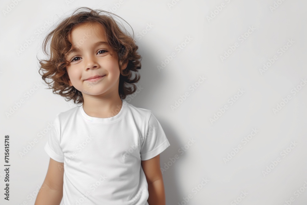 Child Modeling White T-Shirt On White Background, Mockup Child Modeling White T-Shirt On White Background, Mockup