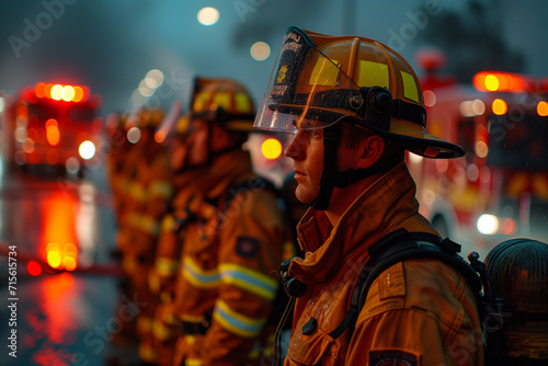 Generative AI illustration of firefighters lined up in profile with reflective stripes on gear illuminated by the glow of fire truck lights photo
