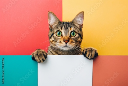 Feline With White Banner Against Vibrant Background