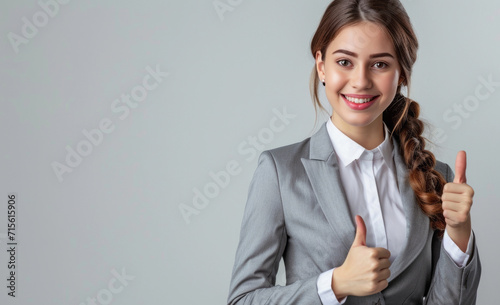 fwoman showing thumbs up isolated  white background	 photo