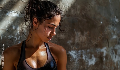 Close up of exhausted and sexy fitness woman after heavy exercise to loss weight. Fit, sweaty and young female athletic done with sports training against wall background.